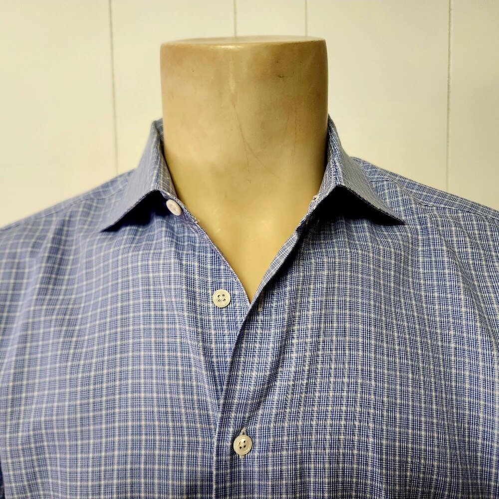 Canali men's shirt 17 blue plaid cotton Italy